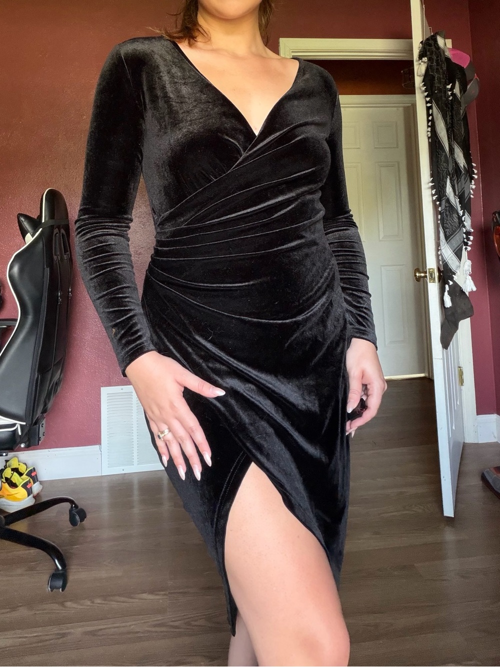 Black Velvet Long-Sleeve Wrap Dress with Side Slit